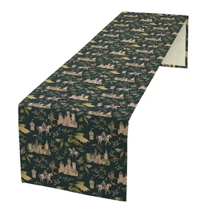Dragon Table Runner, Magical Medieval Castle Dragon Knights and Floral Patter... - Picture 1 of 7