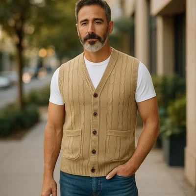TOWNCRAFT Sweater Vest Large Cable Knit Brown Grandpa Dad Buttons Pockets 90s - Image 1 of 4