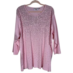 Camisa túnica Quacker Factory para mujer 3XL rosa lentejuelas adornada punto acanalado - Imagen 1 de 8