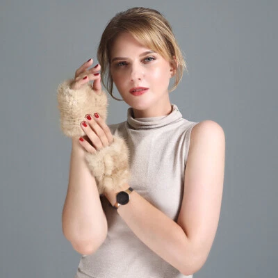 Luvas femininas de pele de vison reais de malha elástica sem dedos luvas de pulso - Imagem 1 de 4