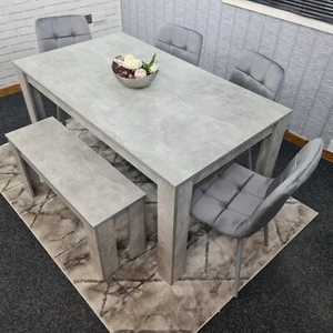 Grey Dining Table and chairs 4 Grey Tufted Velvet & 1 Bench Dining Set - Picture 1 of 13