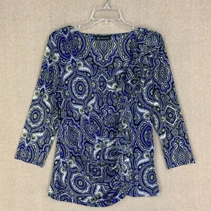 INC International Concepts Top M Womens Blue Paisley Blouse Ruched Ruffle Scoop - Picture 1 of 13