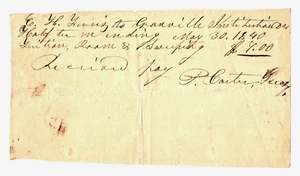 1840 Granville Institution Tuition Receipt of Ezra H. Ferris, by Paschal Carter - Picture 1 of 1