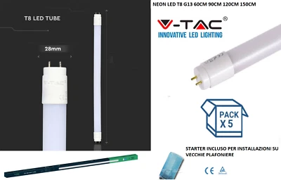 TUBO LED Lunghezza 60 90 120 150 cm Neon T8 T5 G13 G5 Barra Soffitto V-Tac 5PZ - Immagine 1 di 4