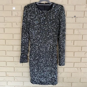 Rachel Zoe Womens Sz Large Sequins Long Sleeve Mini Dress Pewter Cocktail Party - Picture 1 of 8