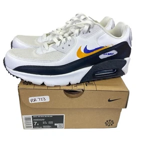 [FJ4592-100]  Nike AIR MAX 90 'DOUBLE SWOOSH WHITE BLACK GOLD ROYAL 7Y/8.5 Women - Picture 1 of 10