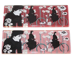 Vintage Tiles 2 x 6 Victorian Ladies Bicycles Flowers Unique Subway Glass RARE - Picture 1 of 5