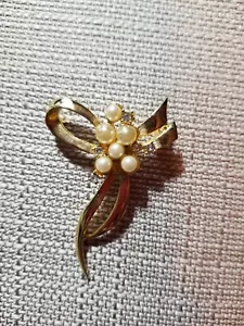 Spilla vintage tonalità oro perla sfaccettata strass nastro oro - Foto 1 di 1