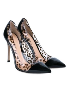 Gianvito Rossi Black Cheetah Print Plexi Patent Leather Pointy Pumps  Sz 39 Or 8 - Picture 1 of 12
