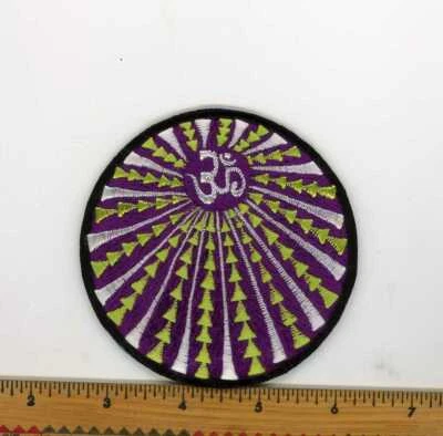 Embroidered White Green & Black Om Sun rays Patch Fair Trade Nepal 3" Round - Image 1 of 4