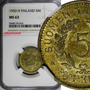 Finland Brass 1950 H 5 Markkaa NGC MS63 1 GRADED HIGHEST KM# 31a (016) - Picture 1 of 5