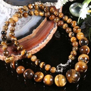 REAL NATURAL 6-14MM GENUINE TIGER EYE GEMS STONE ROUND BEADS NECKLACE 18" - Picture 1 of 4