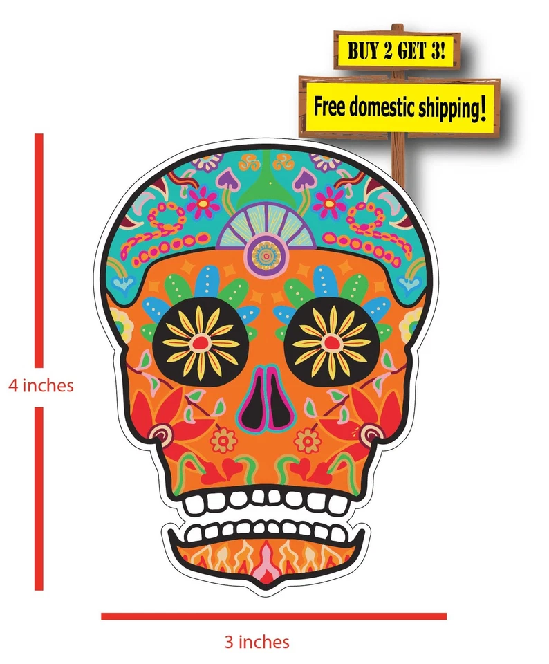 DOD Calavera de Azúcar Día de los Muertos Naranja Calavera de Azúcar Mexicana Calcomanía Adhesiva DOD #16 Foto 1 de 1