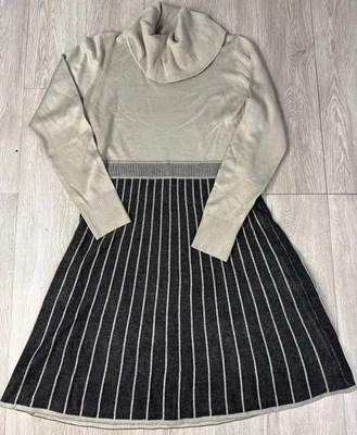 Calvin Klein Sweater Dress Tan And Black Knit Striped Turtleneck Size Large - Image 1 of 4