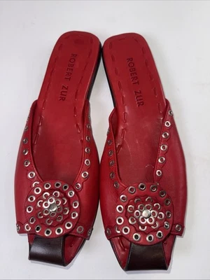Robert Zur  Red Leather Sandal Slides Open Toe Shoes Size 7.5 Womens Couture - Image 1 of 4
