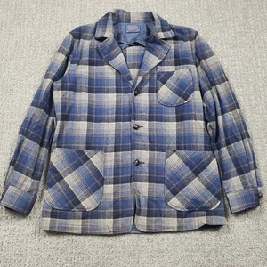 Vintage Pendleton 49er Jacket Mens Medium Blue Gray Wool Plaid 70s Made in USA - Picture 1 of 9