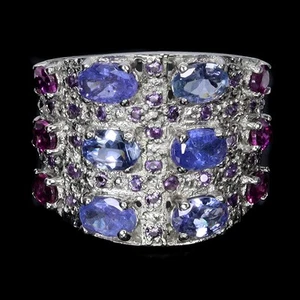 925 Sterling Silver Ring Oval Tanzanite 6x4mm Rhodolite Natural Gemstone Jewelry - Picture 1 of 13