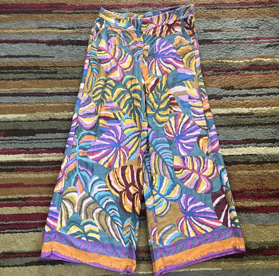 Pantalones Haute Hippie Mujer Medianos Coloridos Florales Pierna Ancha Recortados Tiro Alto Boho Foto 1 de 4