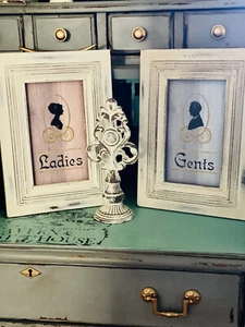 Set cornice legno arte parete bagno/loo francese/shabby chic "donna/uomo" - Foto 1 di 12