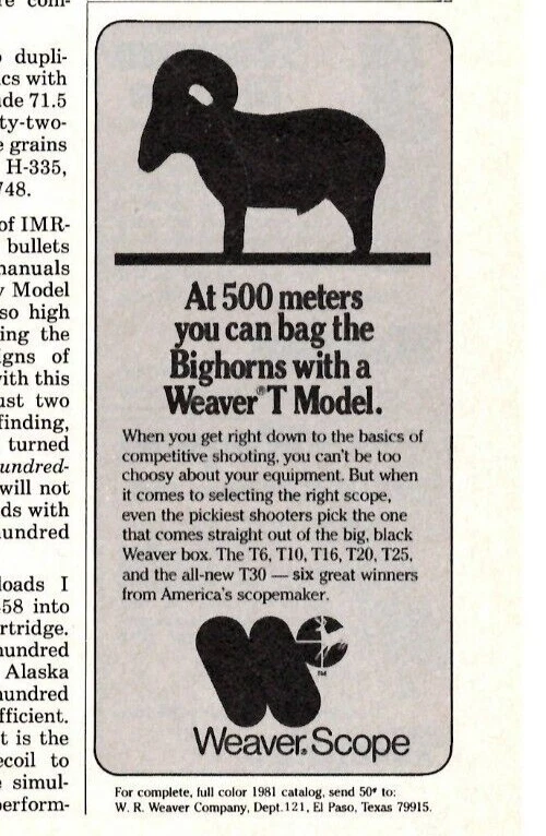 1981 Печатная реклама Weaver прицел на 500 метров вы можете упаковать Bighorns с T модель - Изображение 1 из 1