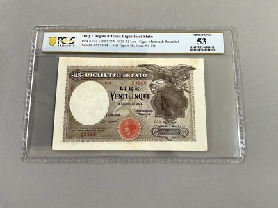 Italy 25 Lire P-24a 1923  PCGS 53  *Minor Stains* - Image 1 of 4