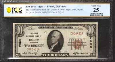1929 $10 FIRST NATIONAL BANKNOTE CURRENCY FRIEND NEBRASKA PCGS 25 VF (431A) - Image 1 of 2