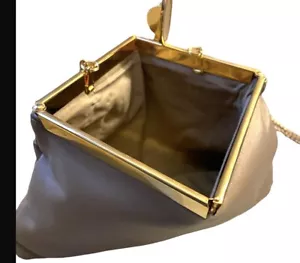 Vintage Square Frame Clutch Evening Purse Mid Century Taupe Leather - Picture 1 of 6