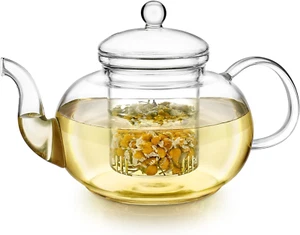 Blossoms Glass Teapot – Stovetop and Microwave Safe Borosilicate Glass (32 Oz) - Picture 1 of 12