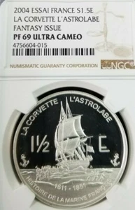 2004 FRANCE SILVER 1.5 EURO LA CORVETTE ANTARTIC TERRITORY NGC PF 69 ULTRA CAMEO - Picture 1 of 3