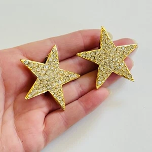 VTG Star Earrings Austrian Crystal rhinestone gold clip Chunky Sparkly Rare 80s - Picture 1 of 5