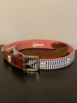 Peter Millar Belt Mens Brown Leather Solid Brass Buckle Blue Stripe Made in USA - Image 1 of 4