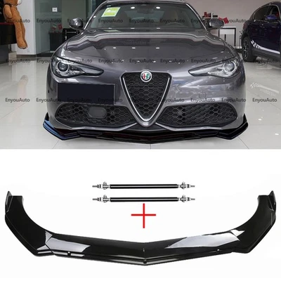 For Alfa Romeo Giulia Front Bumper Lip Spoiler + Strut Rods Glossy Black - Image 1 of 4