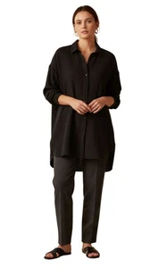 A5 Auth EILEEN FISHER Black Textured Org Cotton Button Up Long Blouse Shirt Sz L - Picture 1 of 6