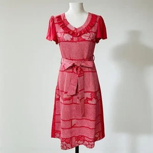 Vintage Kimono Remake Dress Red Shibori Silk Ruffle V-Neck S/M Special Occasion - Picture 1 of 11