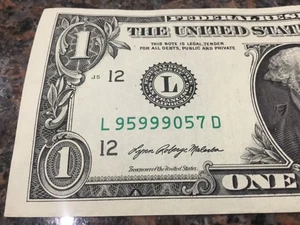 FANCY SERIAL NUMBER 1 DOLLAR BILL VERY HIGH SERIAL  NEAR 96000000  2021 MINT - Picture 1 of 4