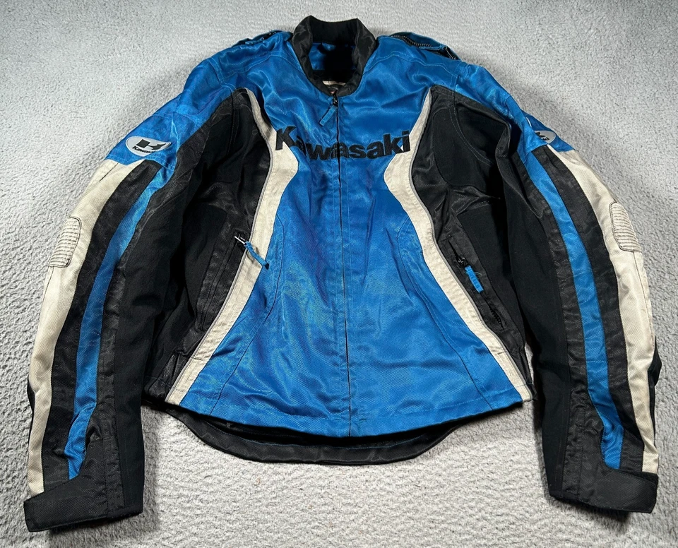 Kawasaki Motorcycle Jacket Mens Large Blue Black Nylon Armored Full Zip Riding — 第 1/4 张图片