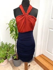 Asos Dress Size 10 Burnt Orange Blue Bodycon Halter Ruched Pencil Party Cocktail - Picture 1 of 11