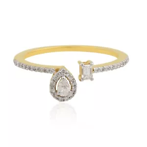 0.33 Ct Natural Pear Cut Diamond Cuff Ring 18k Yellow Gold Half Eternity Ring - Picture 1 of 4