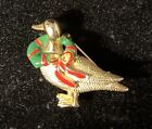 S998 Dotty Smith Christmas Goose Brooch Vintage Goldtone Enamel Wreath