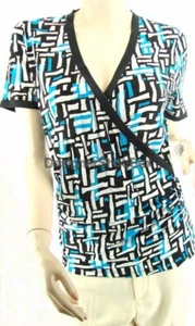 Ellen Tracy Diseñador Azulejo Azul Negro Malla Blanco Manga Corta Blusa Top S - Picture 1 of 2