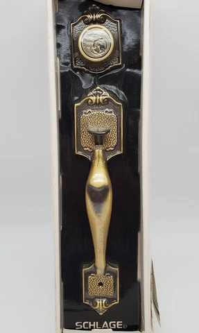 Schlage Door Handleset Grip Antique Brass Victorian Style Dummy Trim 12.5in NOS Cover