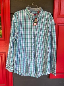 IZOD Button Shirt Mens Large Green White Plaid Long Sleeve Casual Business - Picture 1 of 9