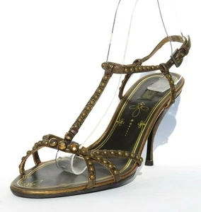 PRADA Metallic Bronze Leather Crystal Stud Embellished Strappy Sandals Pumps 40 - Picture 1 of 12