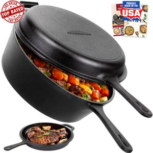 Pre-seasoned Cast Iron Dutch Oven Skillet Set 10.5 in Black 3.2QT Dual Handles - Picture 1 of 7