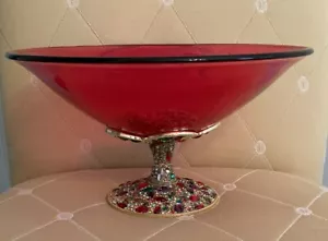 New OLIVIA RIEGEL Crystal “Dominique” Cranberry Glass Bowl W/Multicolor Crystals - Picture 1 of 9