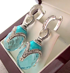 SALE ! STUNNING RUSSIAN AQUAMARINE STERLING SILVER 925 EARRINGS WITH ENAMEL - Picture 1 of 1