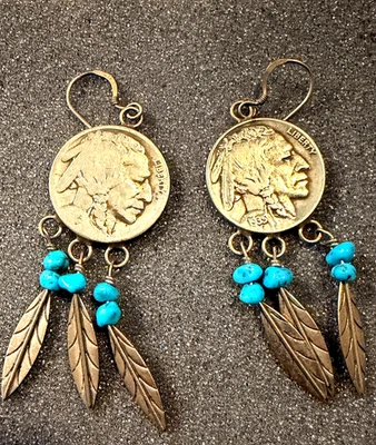 Винтажные серьги из чистого серебра и бирюзы с пирсингом БУЙВОЛ НИКЕЛЬ сделано навахо - Изображение 1 из 2