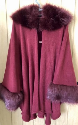 Joe Browns Burgundy Poncho Cape With Fur Collar & Cuffs One Size - Image 1 of 3