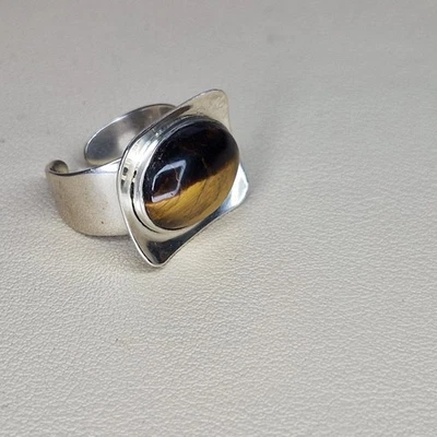 Anillo Modernista Ajustable Plata Esterlina 925 Ojo de Tigre S&E De Colección Foto 1 de 4