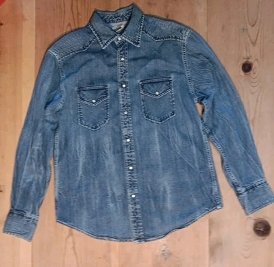 Camisa de mezclilla Arizona Pearl Snap para hombre M azul manga larga 100 % algodón solapa occidental  Foto 1 de 4